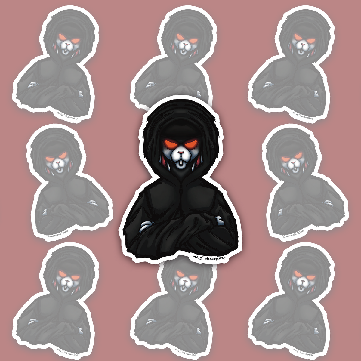 Dark hooded rabbit-like character with crossed arms, pale muzzle, long front teeth and vivid orange-red eyes.