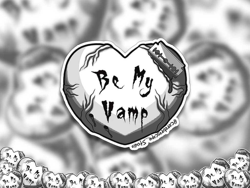 Alternate mockup 2: Pale heart with dark vein-like details, gothic text reading Be My Vamp, and a razor blade actively cutting into the upper edge.
