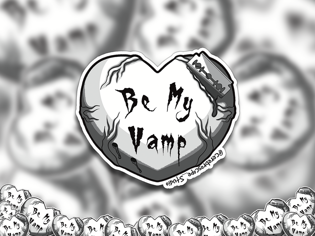 Alternate mockup 2: Pale heart with dark vein-like details, gothic text reading Be My Vamp, and a razor blade actively cutting into the upper edge.