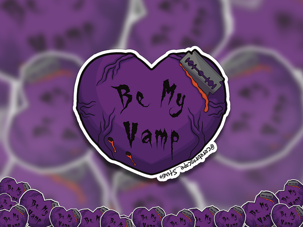 Alternate mockup 2: Deep purple heart with dark vein-like details, orange-red blood, gothic text reading Be My Vamp and a razor blade actively cutting into the upper edge.