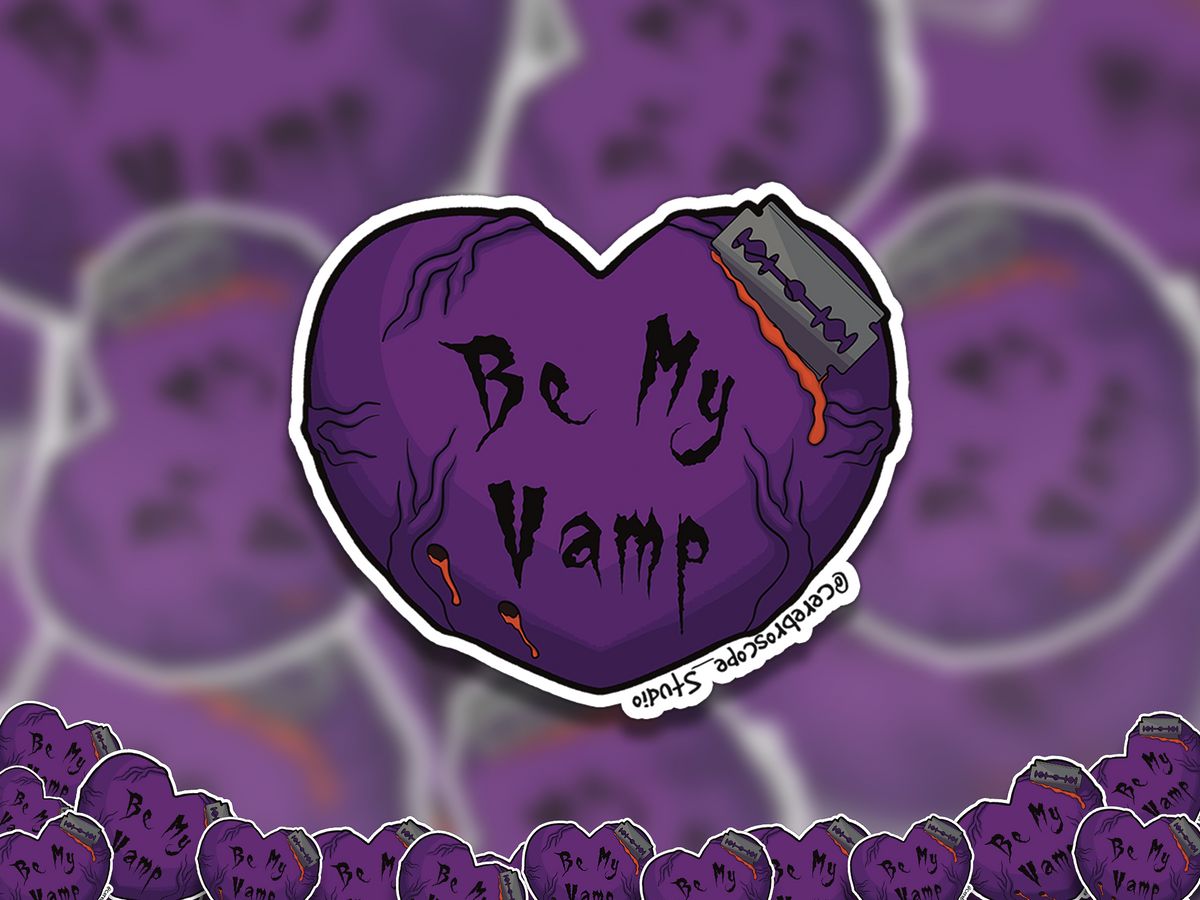 Alternate mockup 2: Deep purple heart with dark vein-like details, orange-red blood, gothic text reading Be My Vamp and a razor blade actively cutting into the upper edge.