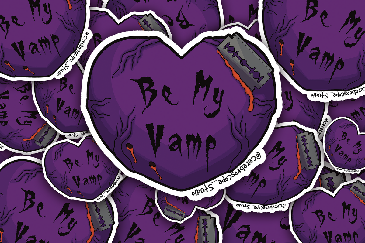 Alternate mockup 3: Deep purple heart with dark vein-like details, orange-red blood, gothic text reading Be My Vamp and a razor blade actively cutting into the upper edge.