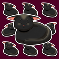 Round black cat resting with its paws tucked underneath and its long tail curled around the front of its body.