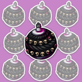Dark round Christmas ornament decorated with small skulls, black layered patterns and lilac-magenta blood-like staining.