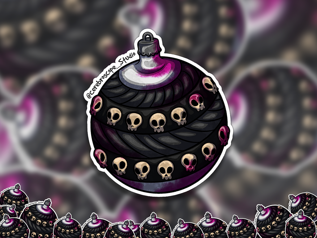 Alternate mockup 2: Dark round Christmas ornament decorated with small skulls, black layered patterns and lilac-magenta blood-like staining.