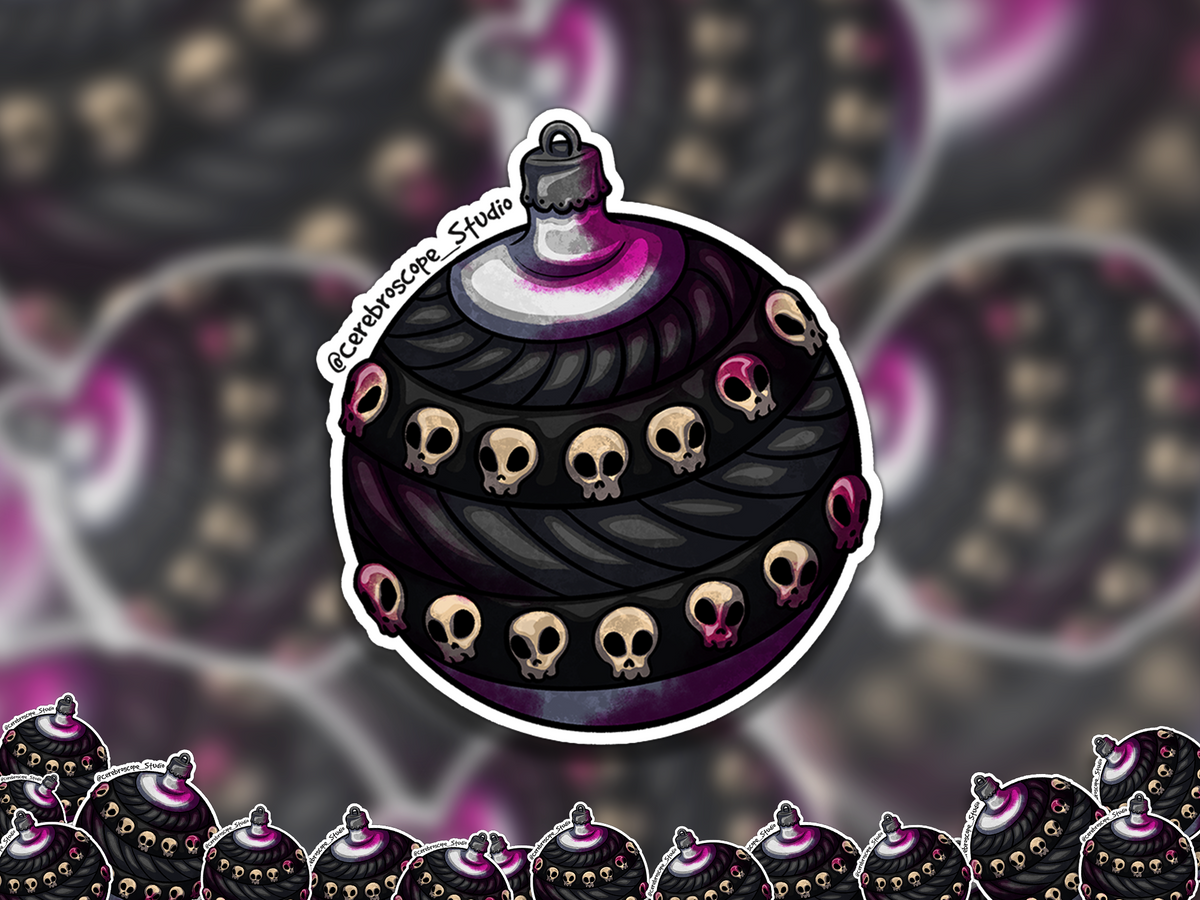 Alternate mockup 2: Dark round Christmas ornament decorated with small skulls, black layered patterns and lilac-magenta blood-like staining.