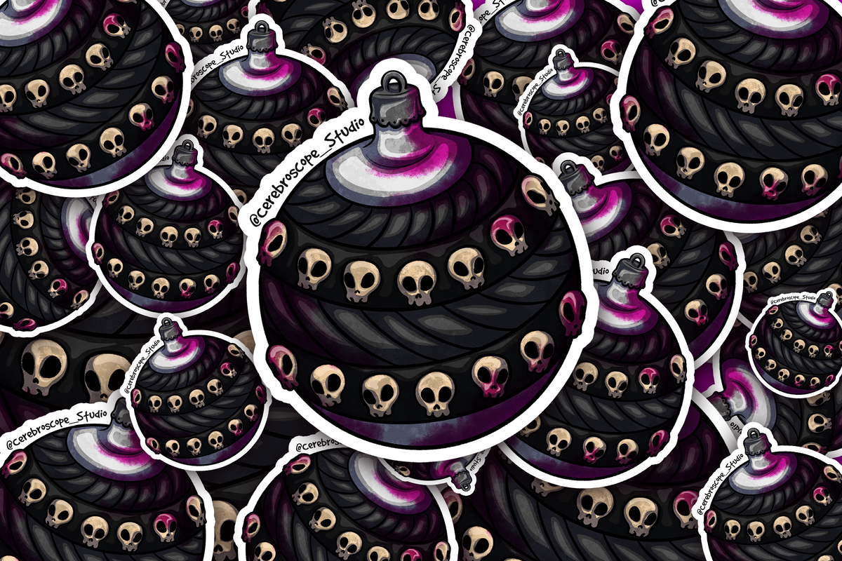 Alternate mockup 3: Dark round Christmas ornament decorated with small skulls, black layered patterns and lilac-magenta blood-like staining.