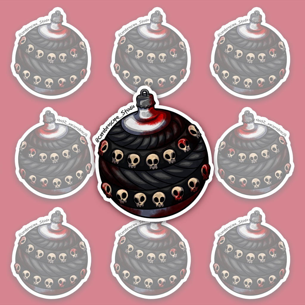 Dark round Christmas ornament decorated with small skulls, black layered patterns and vivid red blood-like staining.