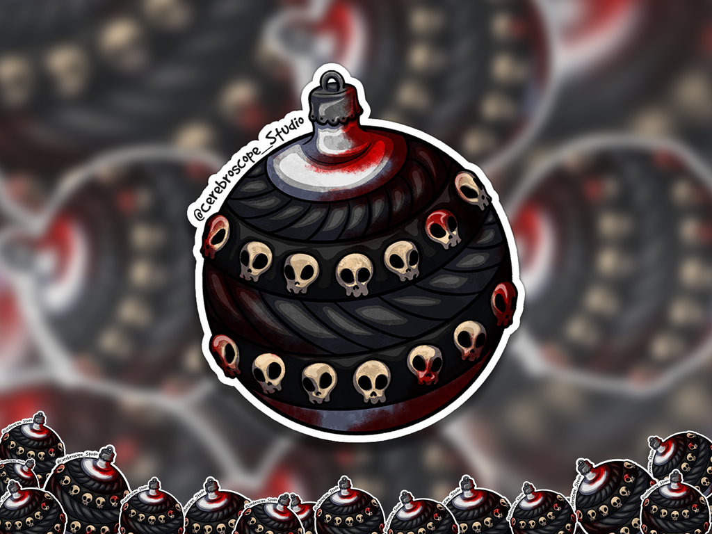 Alternate mockup 2: Dark round Christmas ornament decorated with small skulls, black layered patterns and vivid red blood-like staining.