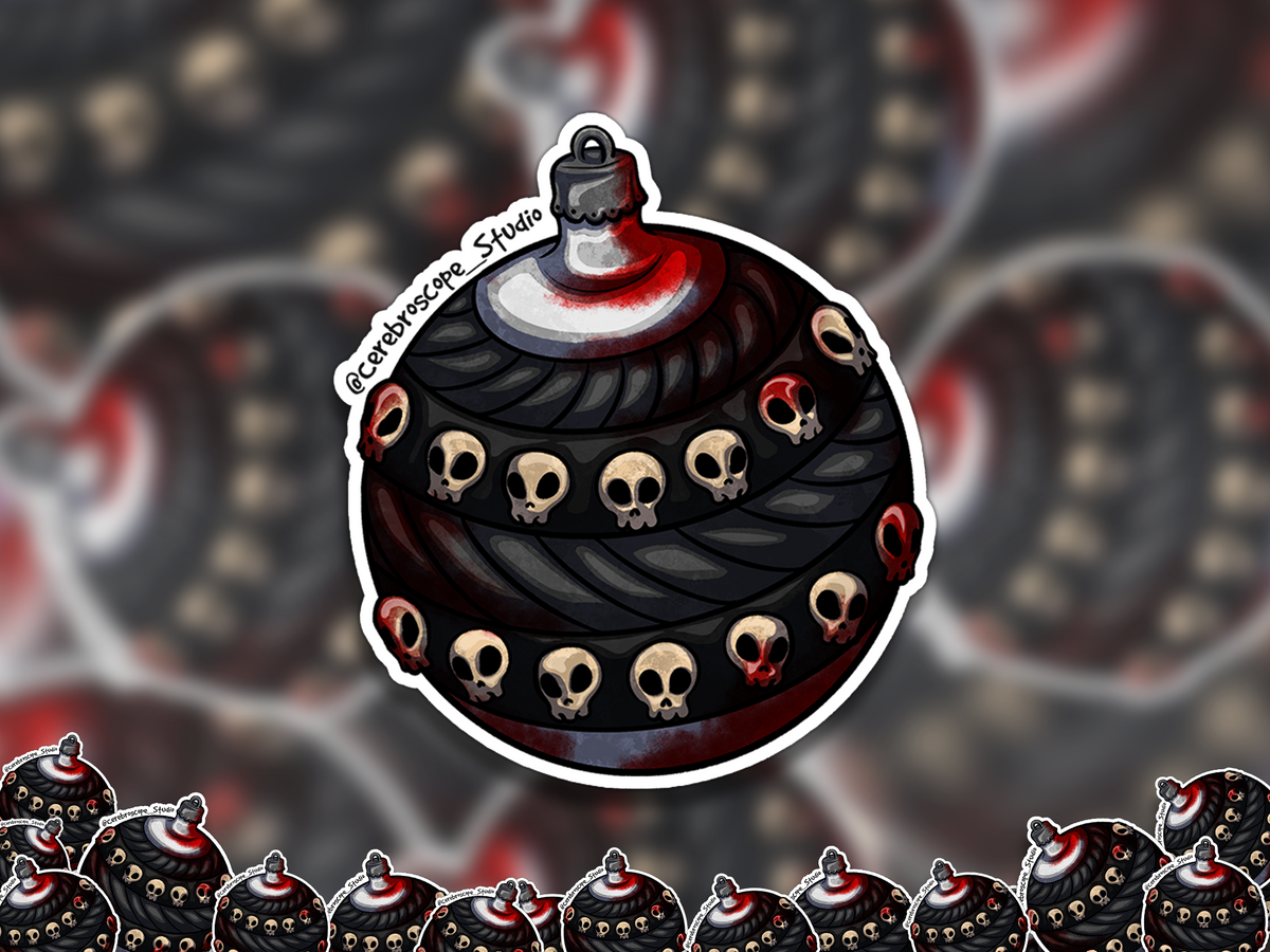Alternate mockup 2: Dark round Christmas ornament decorated with small skulls, black layered patterns and vivid red blood-like staining.