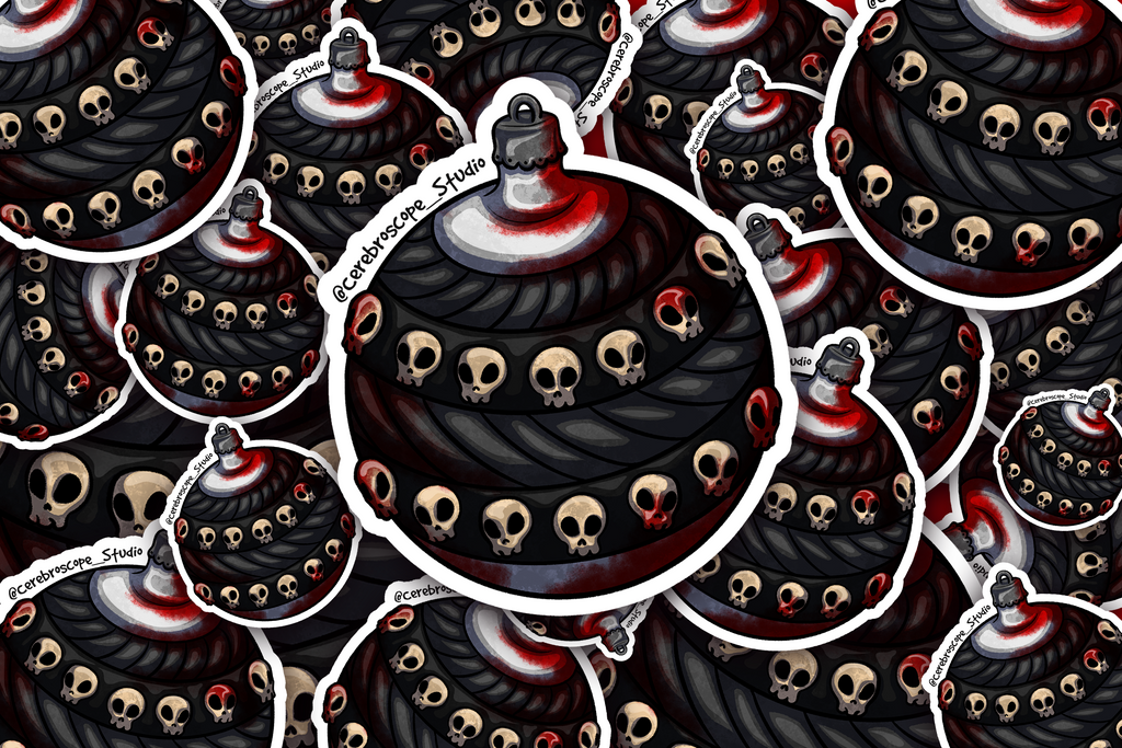 Alternate mockup 3: Dark round Christmas ornament decorated with small skulls, black layered patterns and vivid red blood-like staining.