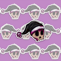 Pale skull wearing a black Santa hat with lilac-magenta blood-like staining around the bone and hat trim.