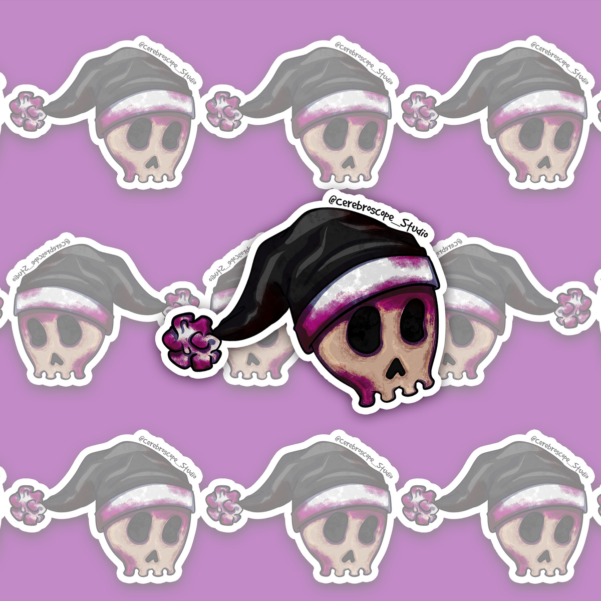 Pale skull wearing a black Santa hat with lilac-magenta blood-like staining around the bone and hat trim.