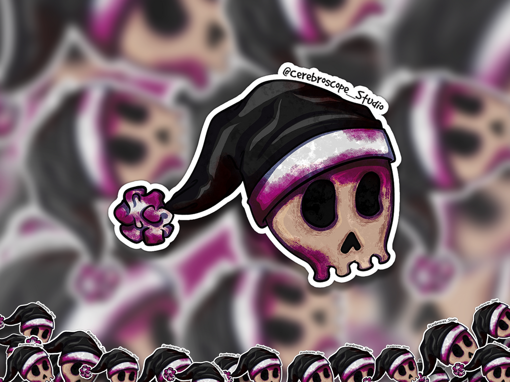 Alternate mockup 2: Pale skull wearing a black Santa hat with lilac-magenta blood-like staining around the bone and hat trim.