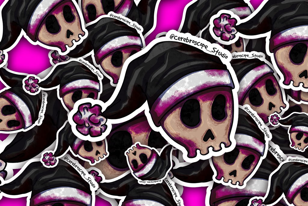 Alternate mockup 3: Pale skull wearing a black Santa hat with lilac-magenta blood-like staining around the bone and hat trim.