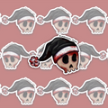 Pale skull wearing a black Santa hat with vivid red blood staining around the bone, eye sockets and hat trim.