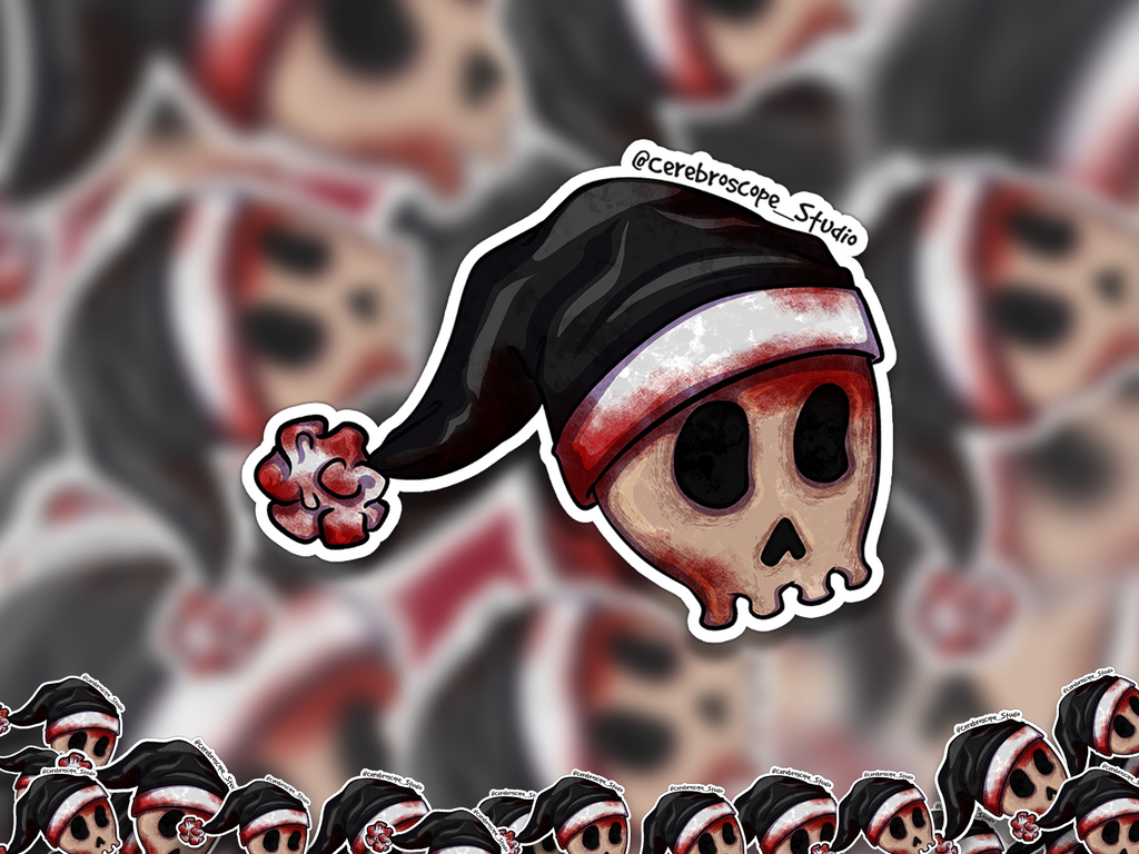 Alternate mockup 2: Pale skull wearing a black Santa hat with vivid red blood staining around the bone, eye sockets and hat trim.