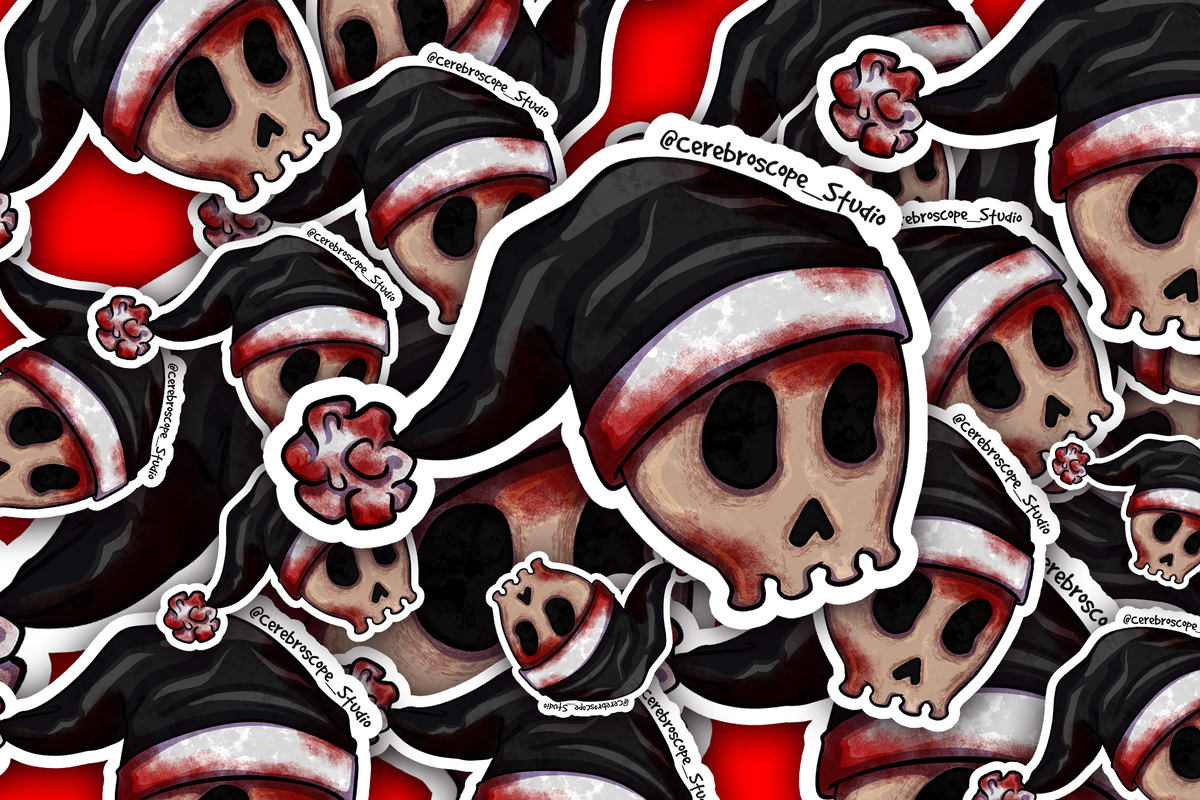 Alternate mockup 3: Pale skull wearing a black Santa hat with vivid red blood staining around the bone, eye sockets and hat trim.