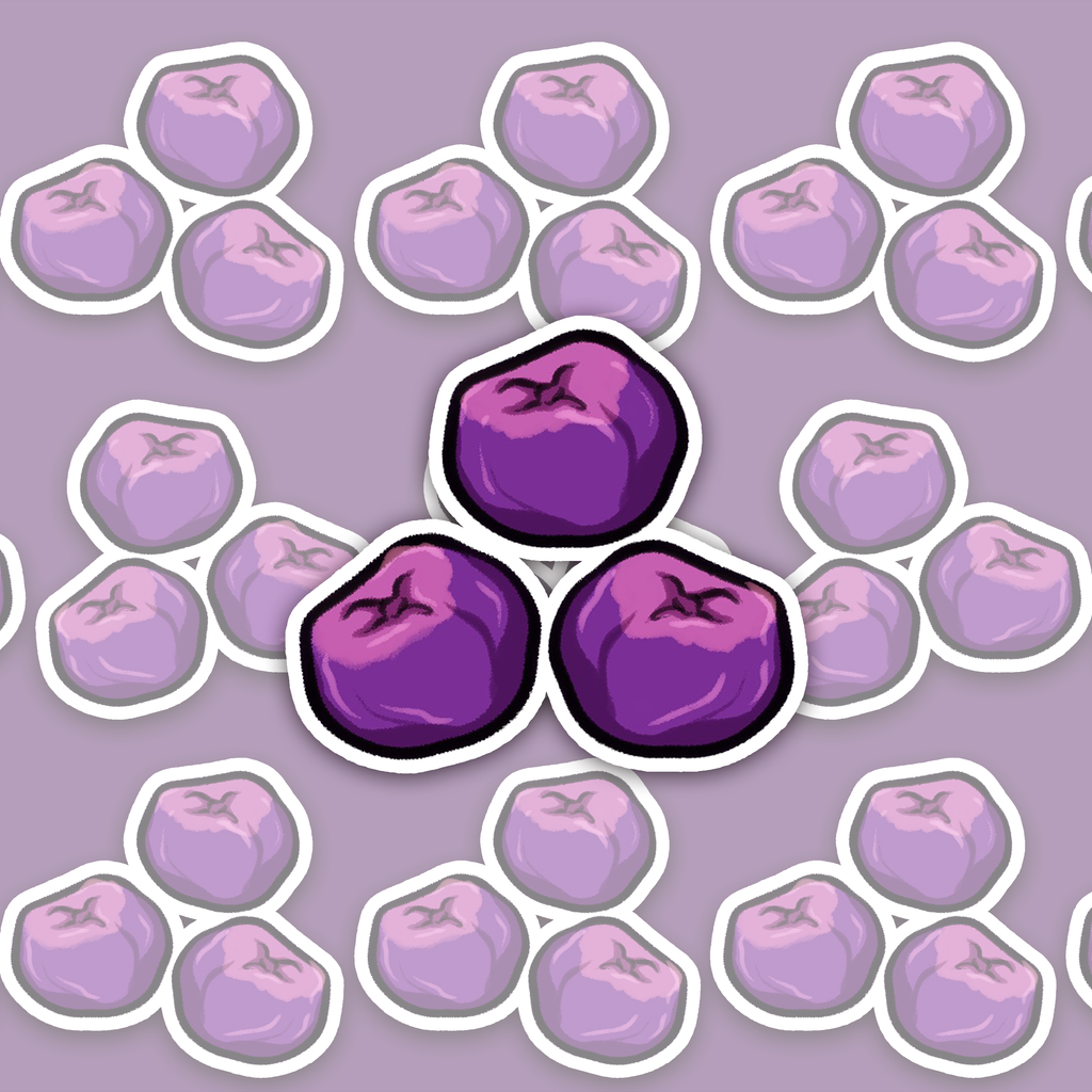 Three round purple berries arranged in a triangular cluster, with pink highlights, dark outlines and small star-shaped markings on top.