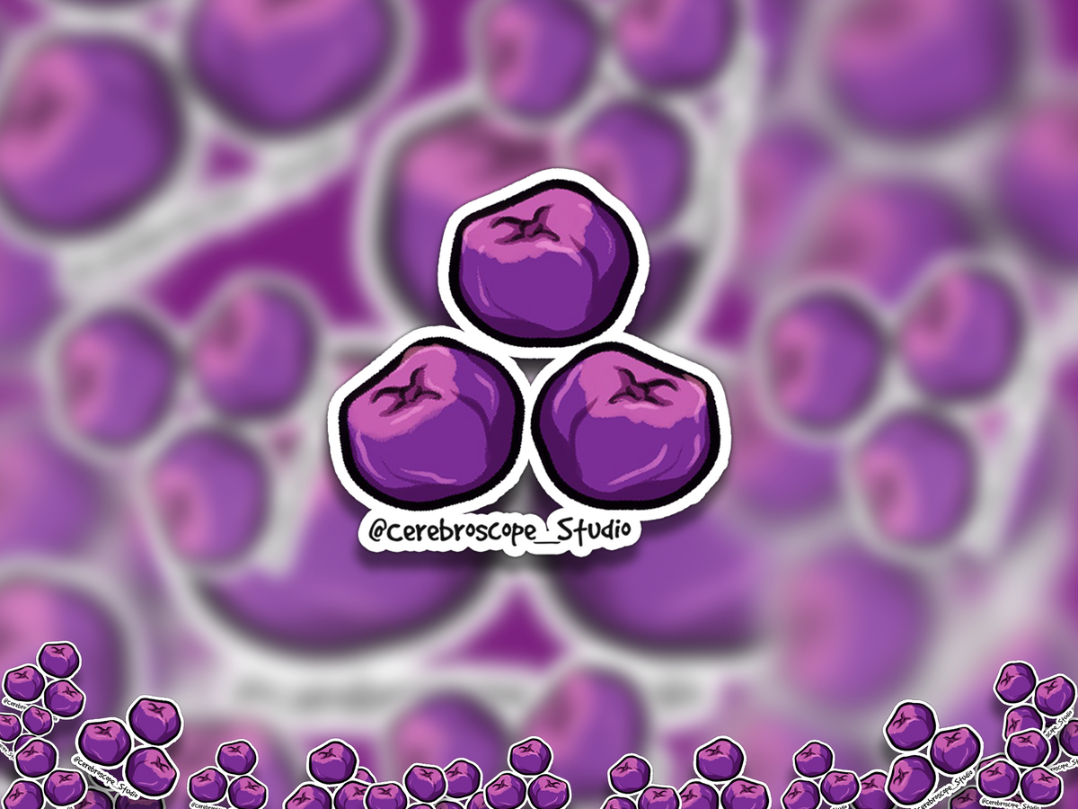 Alternate mockup 2: Three round purple berries arranged in a triangular cluster, with pink highlights, dark outlines and small star-shaped markings on top.