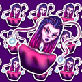 Pink-skinned alien with four eyes, purple and magenta hair, two curved appendages with glowing blue tips, a magenta top and a blue teardrop choker.