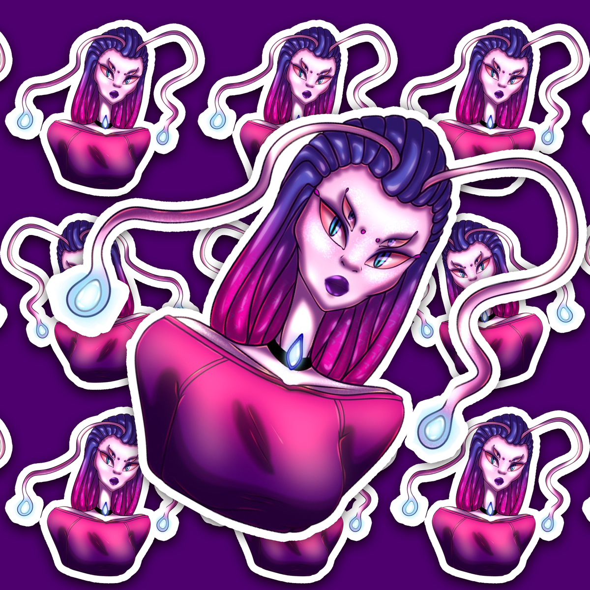 Pink-skinned alien with four eyes, purple and magenta hair, two curved appendages with glowing blue tips, a magenta top and a blue teardrop choker.