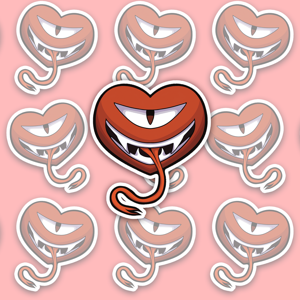 Red-orange heart-shaped monster with one narrow eye and vertical pupil, a wide mouth of pointed white teeth and a long curling tongue.