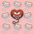 Red-orange heart-shaped monster with one narrow eye and vertical pupil, a wide mouth of pointed white teeth and a long curling tongue.