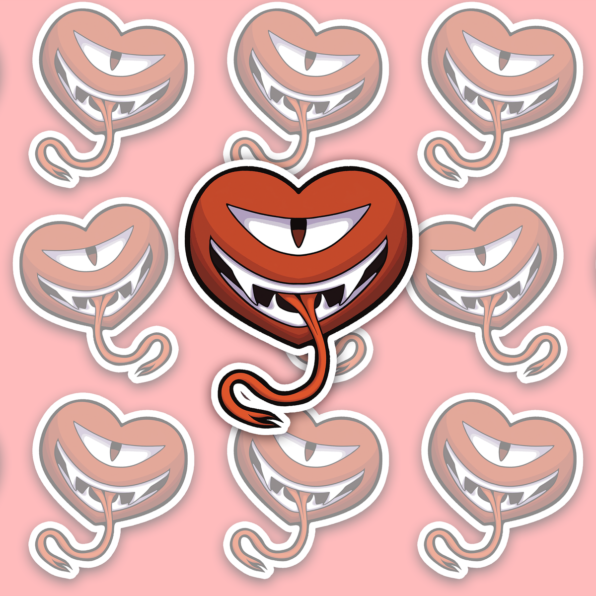 Red-orange heart-shaped monster with one narrow eye and vertical pupil, a wide mouth of pointed white teeth and a long curling tongue.