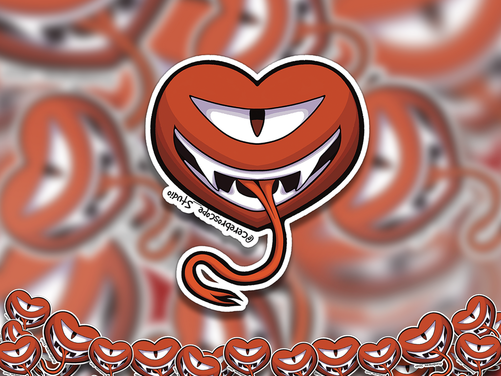 Alternate mockup 2: Red-orange heart-shaped monster with one narrow eye and vertical pupil, a wide mouth of pointed white teeth and a long curling tongue.