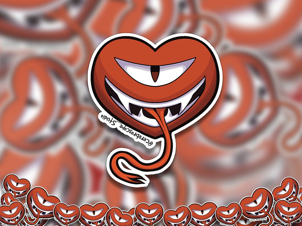 Alternate mockup 2: Red-orange heart-shaped monster with one narrow eye and vertical pupil, a wide mouth of pointed white teeth and a long curling tongue.