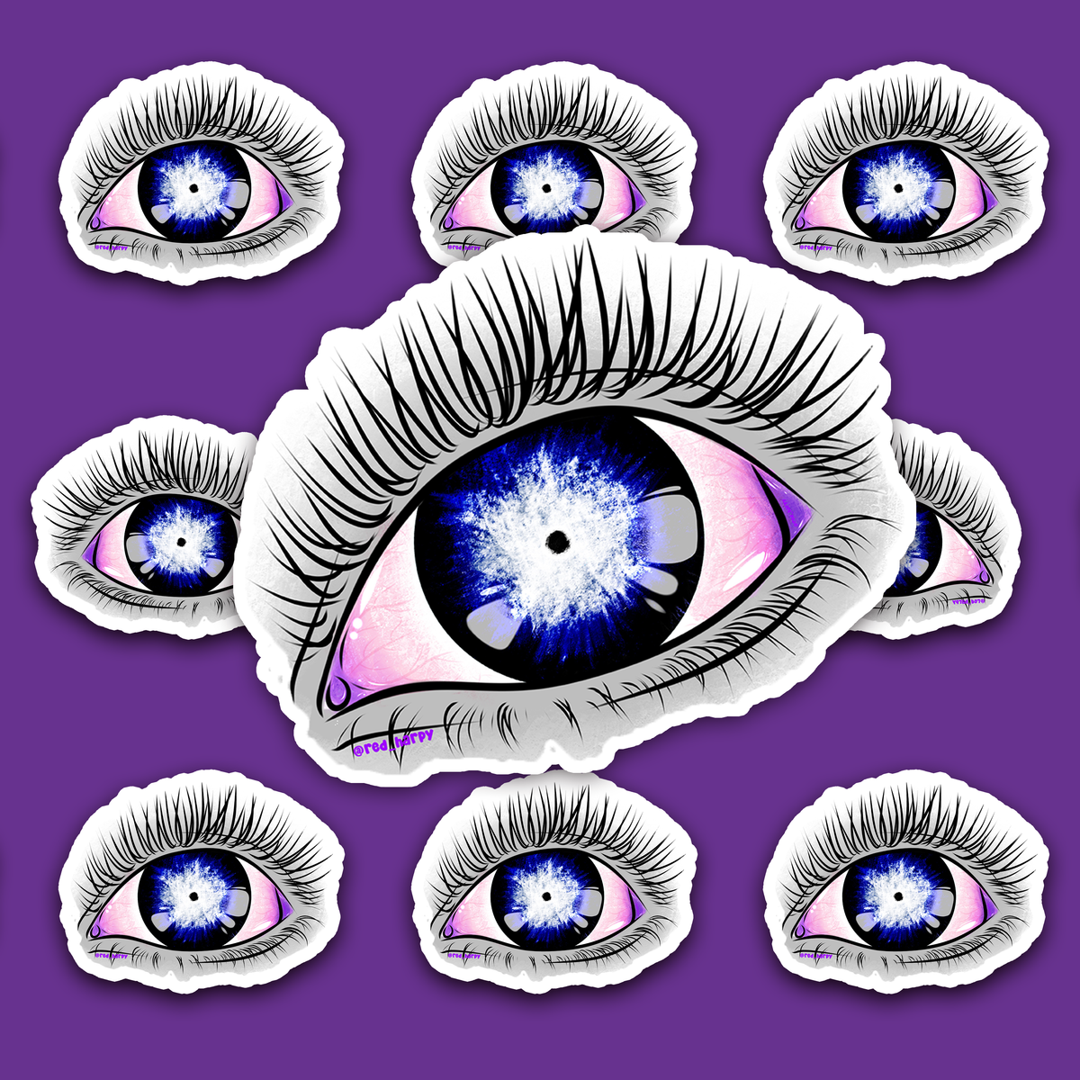 Eye with long black lashes, grey eyelids, pink surrounding tissue and a blue-and-white radial iris around a tiny black pupil.