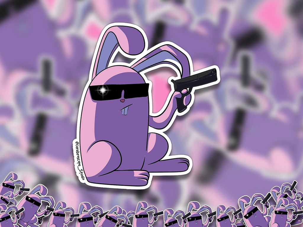 Alternate mockup 2: Seated purple-and-pink bunny with long bent ears, two front teeth and black rectangular sunglasses, holding a black pistol in one raised hand.