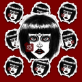 Goth girl with a black bob and blunt fringe, dark makeup, red accents, white crosses in the pupils and a white pentagram on a red patch beside the cheek.