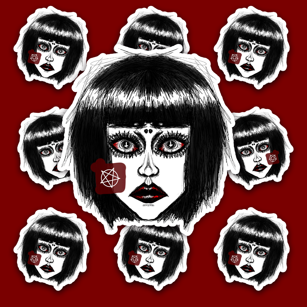 Goth girl with a black bob and blunt fringe, dark makeup, red accents, white crosses in the pupils and a white pentagram on a red patch beside the cheek.