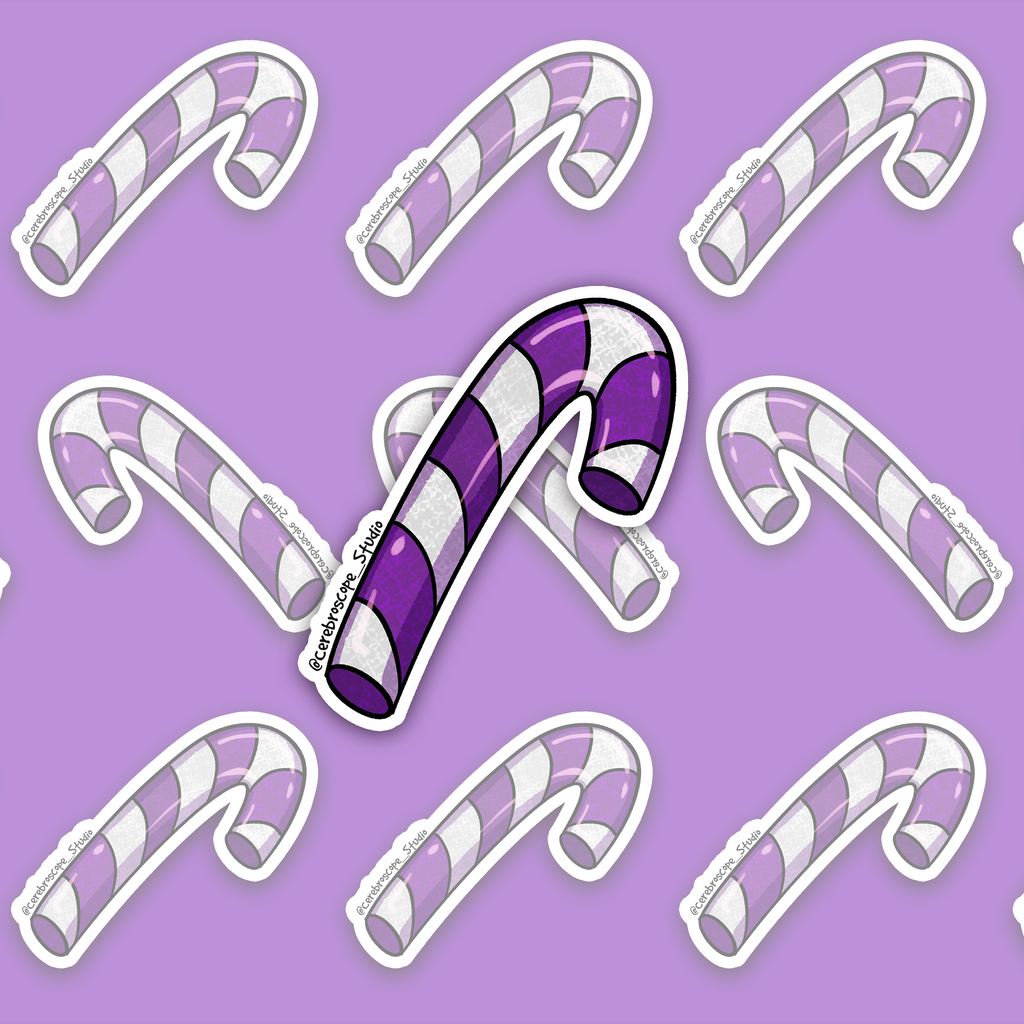 Hooked purple-and-white candy cane with spiral stripes, fine patterned texture, pink highlights and a bold black outline.