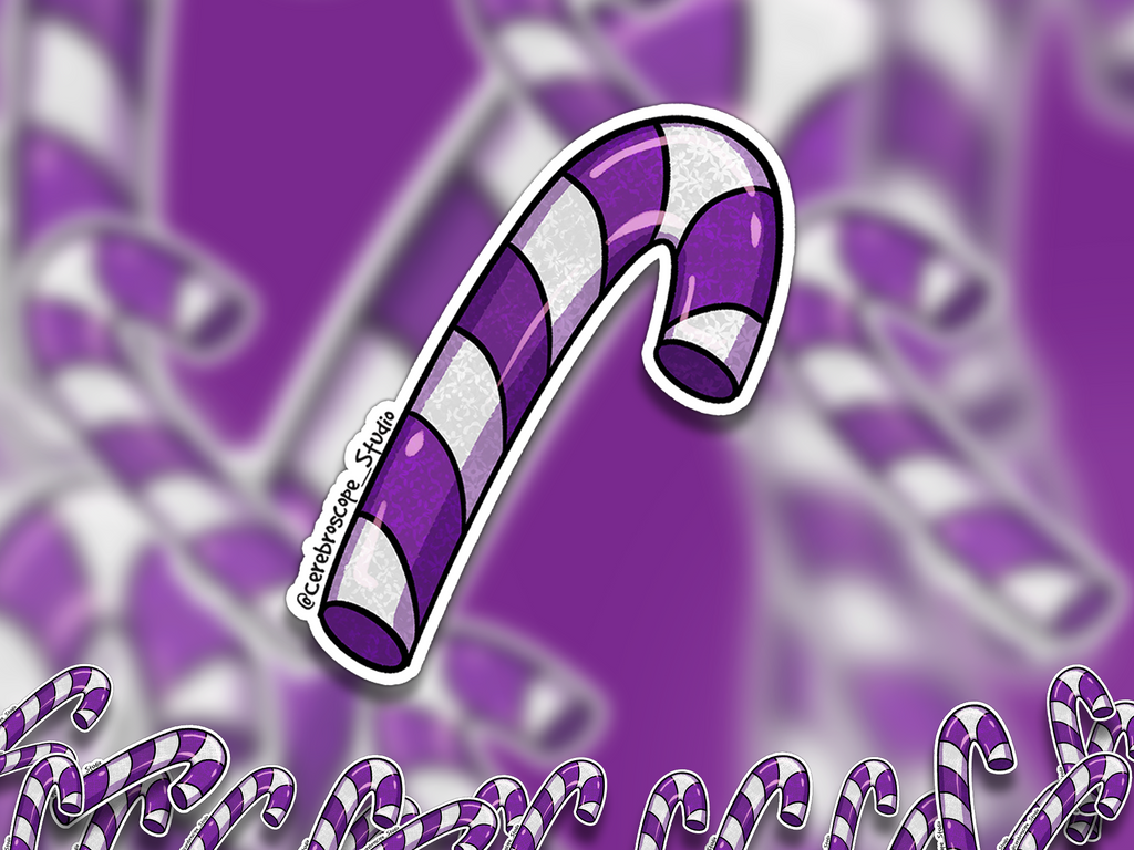Alternate mockup 2: Hooked purple-and-white candy cane with spiral stripes, fine patterned texture, pink highlights and a bold black outline.