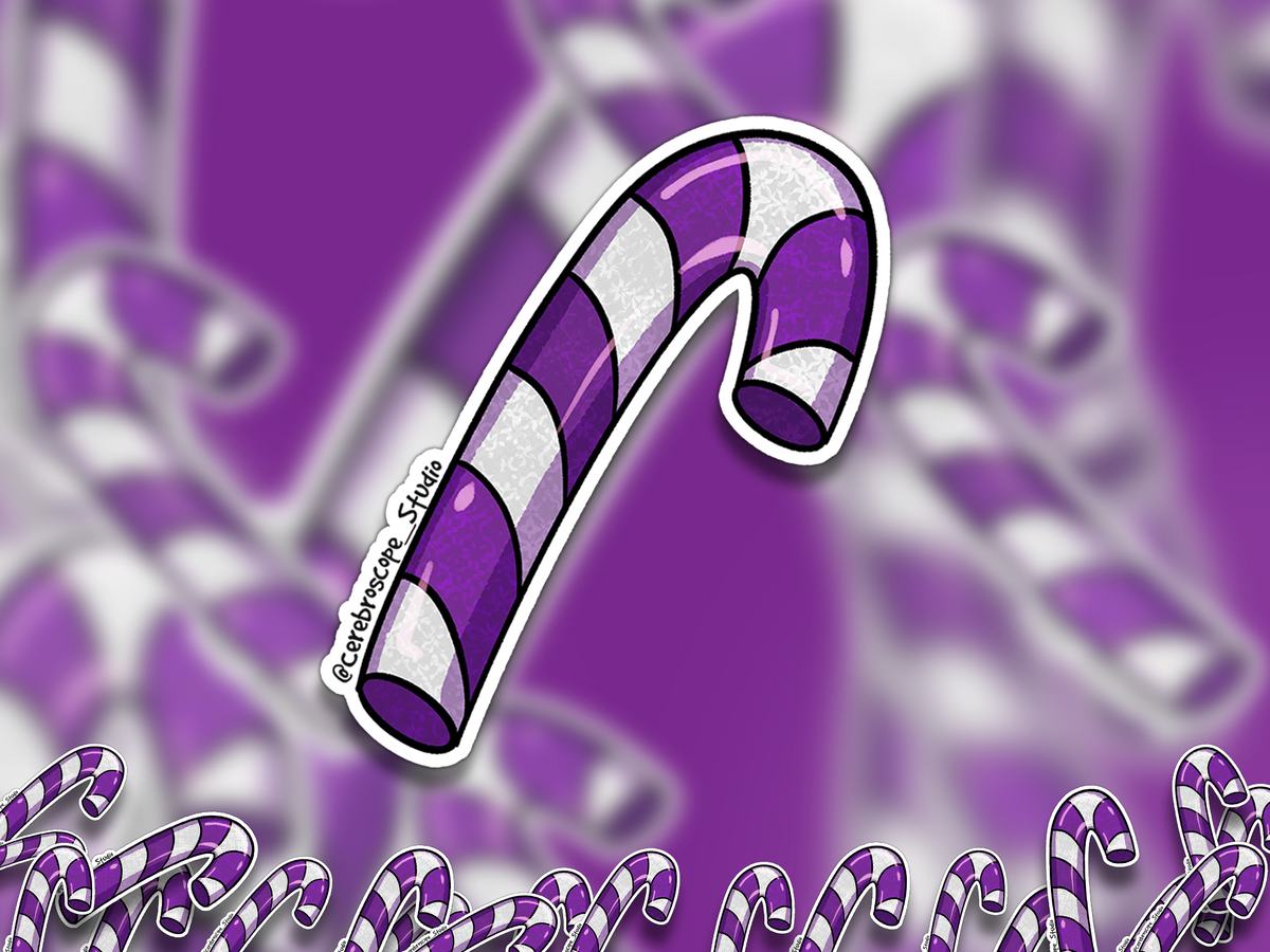 Alternate mockup 2: Hooked purple-and-white candy cane with spiral stripes, fine patterned texture, pink highlights and a bold black outline.