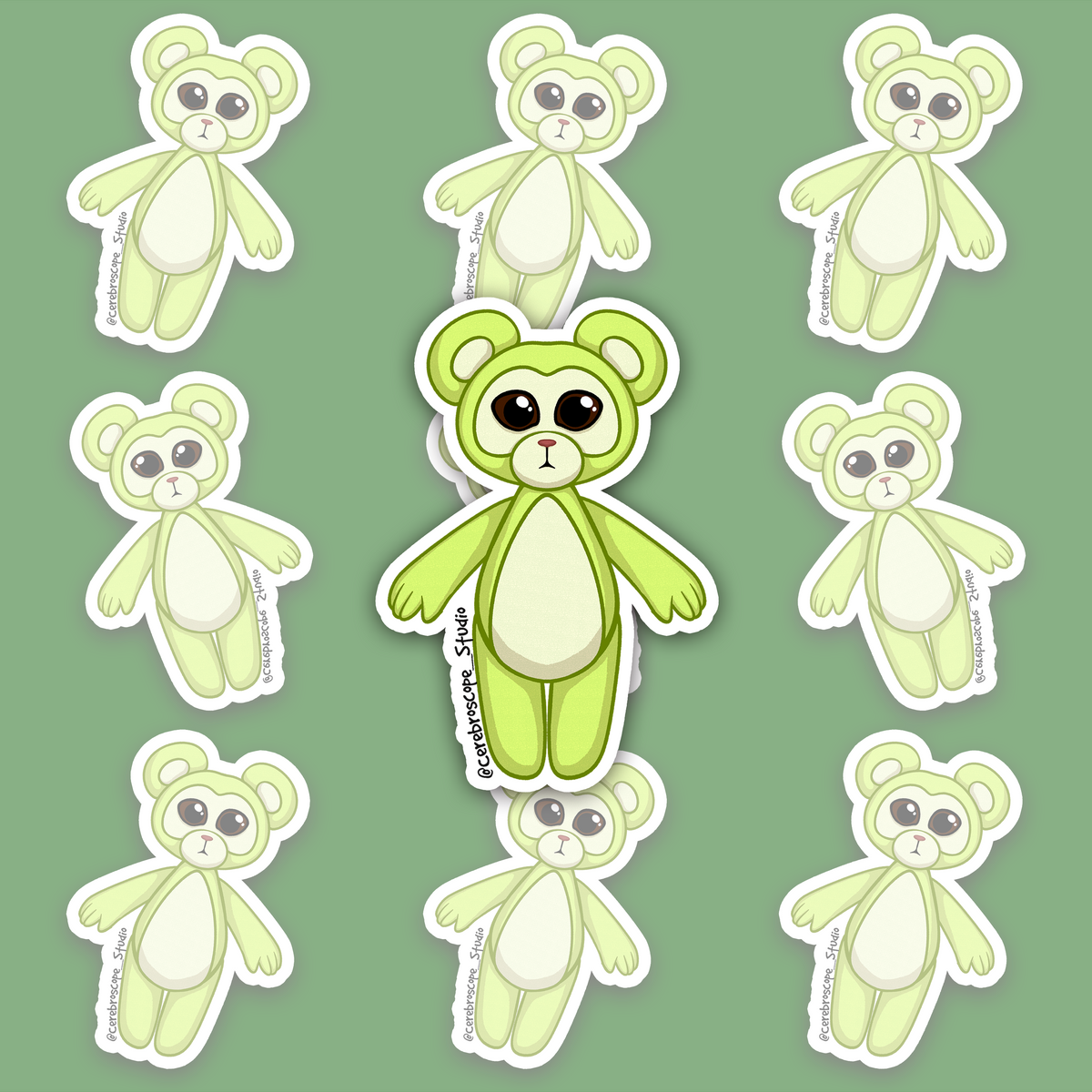 Lime-green teddy bear with rounded ears, large dark glossy eyes, a pink nose and pale panels on the face, muzzle, inner ears and belly.