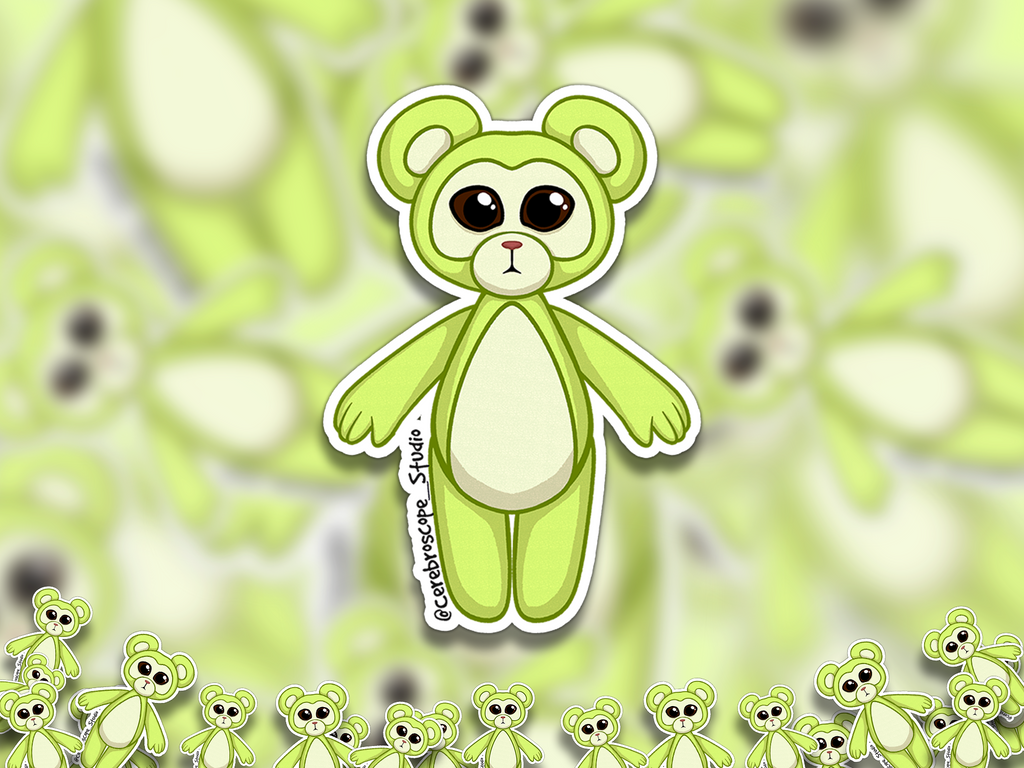 Alternate mockup 2: Lime-green teddy bear with rounded ears, large dark glossy eyes, a pink nose and pale panels on the face, muzzle, inner ears and belly.