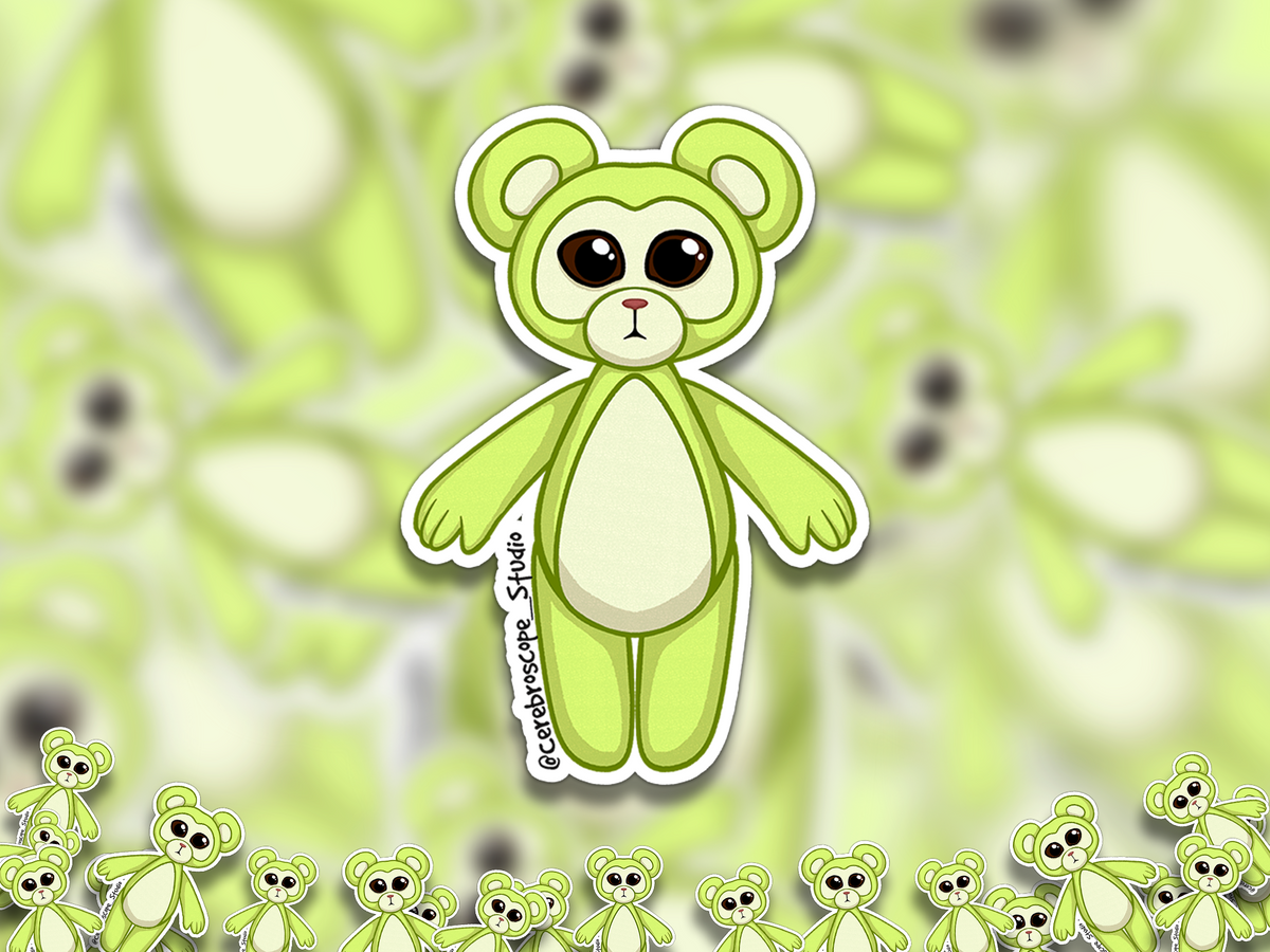 Alternate mockup 2: Lime-green teddy bear with rounded ears, large dark glossy eyes, a pink nose and pale panels on the face, muzzle, inner ears and belly.