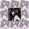 Black-and-white portrait with long black hair, dark lips and diagonal stripes, with a pink-orange-yellow glitch band across the eyes and a purple background.