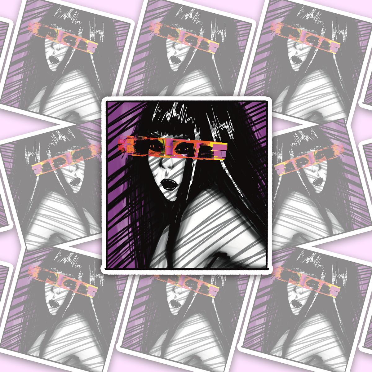 Black-and-white portrait with long black hair, dark lips and diagonal stripes, with a pink-orange-yellow glitch band across the eyes and a purple background.