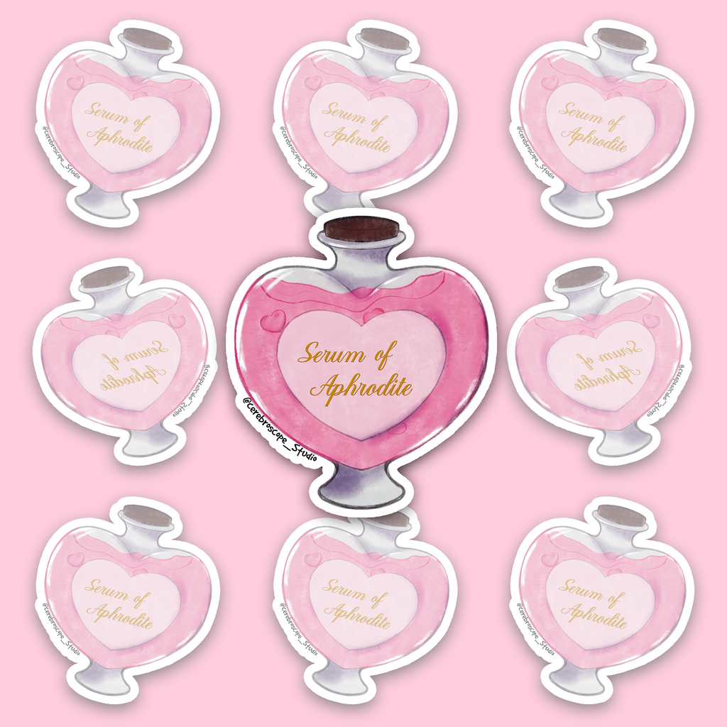 Pink heart-shaped Serum of Aphrodite potion bottle sticker.