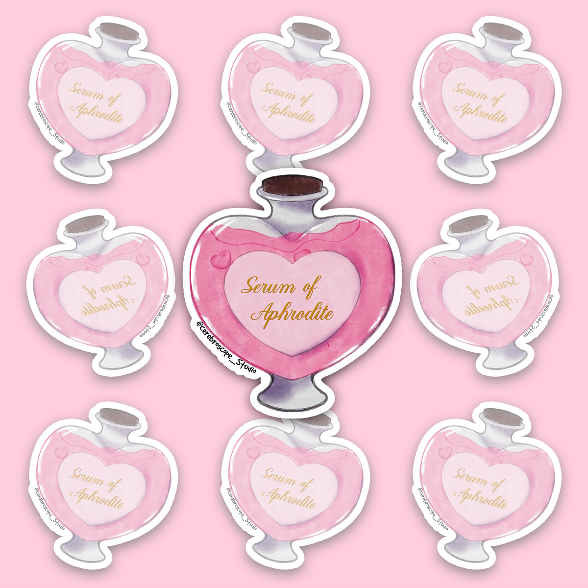 Pink heart-shaped Serum of Aphrodite potion bottle sticker.