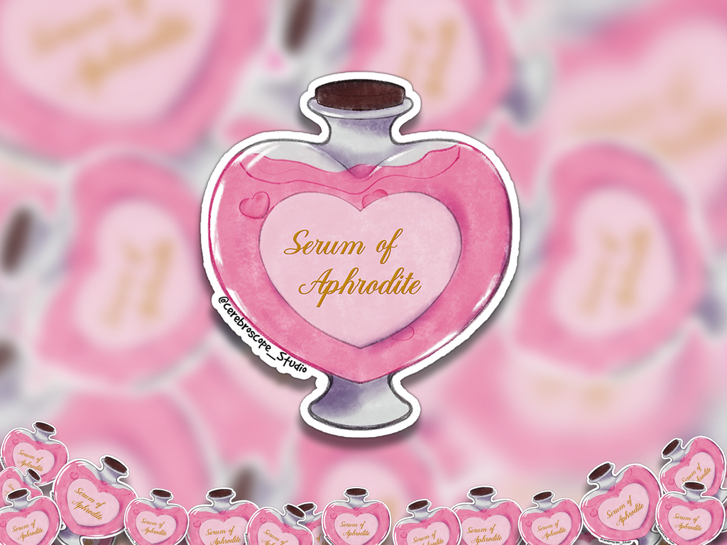 Alternate mockup 2: Pink heart-shaped Serum of Aphrodite potion bottle sticker.