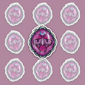 Purple-and-magenta oval medallion with a pink long-tailed moth, a blue crescent above it and a scalloped dark metallic-looking frame.