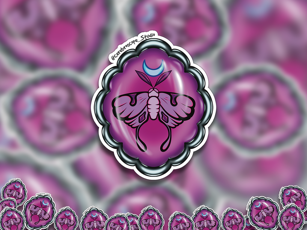 Alternate mockup 2: Purple-and-magenta oval medallion with a pink long-tailed moth, a blue crescent above it and a scalloped dark metallic-looking frame.