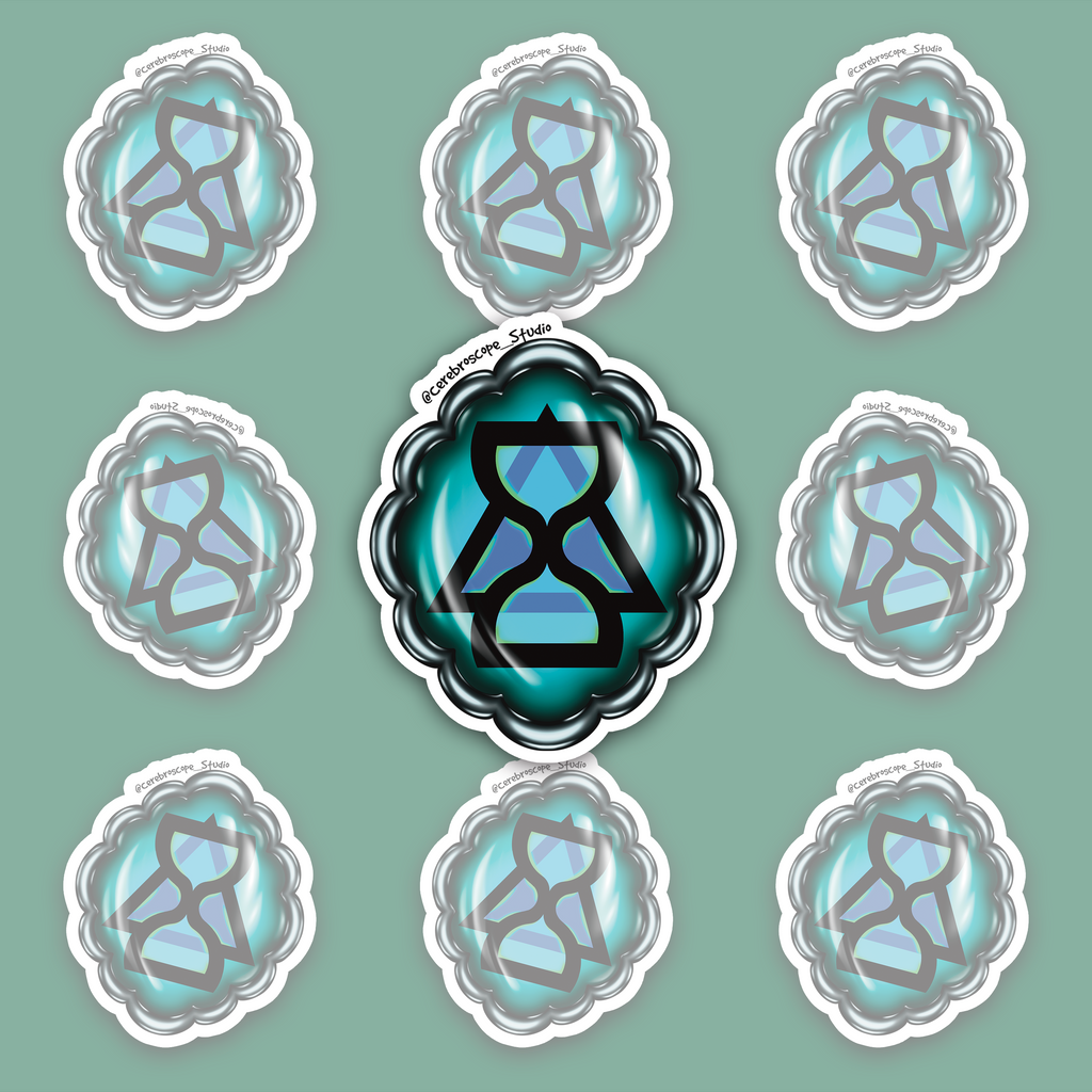 Teal oval medallion with a scalloped dark metallic-looking frame and a black hourglass overlapping a triangle, filled with blue, cyan and pale-green details.