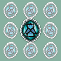 Teal oval medallion with a scalloped dark metallic-looking frame and a black hourglass overlapping a triangle, filled with blue, cyan and pale-green details.
